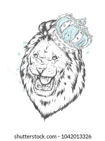Funny lion wearing a crown. Vector illustration. Print for cards, posters or clothes.
