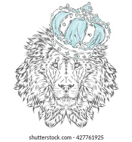 Funny lion wearing a crown. Vector illustration.