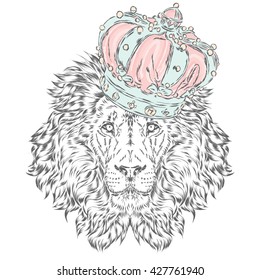 Funny lion wearing a crown. Vector illustration. Print for cards, posters or odzhdy.