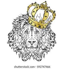 Funny lion wearing a crown. Vector illustration.