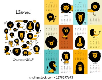 Funny lions calendar 2019 design