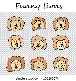 Funny lions. Doodle animal faces with positive emotions, black outlines, flat colorful images, transparent background. Emoticons. Emotional icons. Vector illustration.