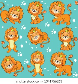 Funny lions on a blue background seamless pattern