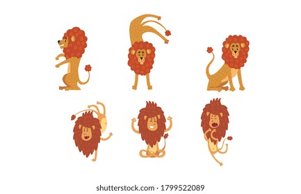 Funny Lions Set, Cute Animal Cartoon Character in Various Poses Cartoon Style Vector Illustration