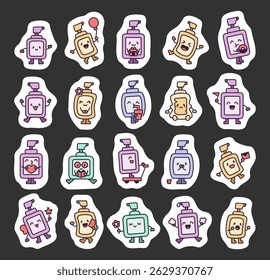 Funny liquid soap bottle character set with adorable emotions and cute cartoon poses for hygiene, celebration, food, drink, reading, and daily activities for yours creative projects
