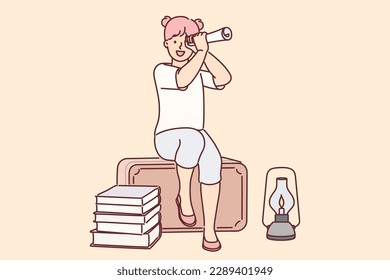 Funny little adventurer girl wants to go on long journey using piece of paper instead of telescope. Teenage adventurer sits on suitcase dreaming of becoming sailor or pirate and sailing ocean on ship