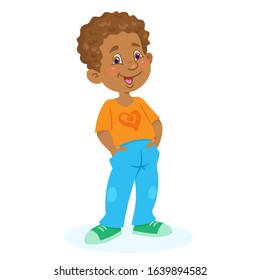 Funny little african american boy stands with his hands in pockets. In cartoon style. Isolated on white background. Vector illustration.