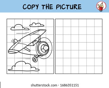 Schönes kleines Flugzeug.Kopieren Sie das Bild. Farbbuch. Erziehungsspiel für Kinder. Cartoon-Vektorillustration-Illustration