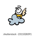 Funny little angel  with halo and wings sitting on heaven cloud. Vector illustration of fantastic religion. Cartoon image isolated on white background.
