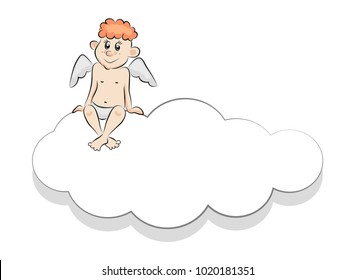 Funny little angel sitting on a cloud with place for text. Illustration isolated on white.