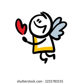 Funny little angel with wings baby holds romantic red heart with smile. Vector illustration of magical character flying in the sky  for Valentines day.