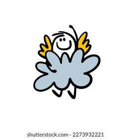 Funny little angel with wings hiding over the cloud in the sky and waving his rising up hand. Friendly cupid vector illustration.