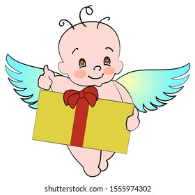 Funny little angel with wings holds a gift. Merry christmas card on a white background. EPS10 vector illustration