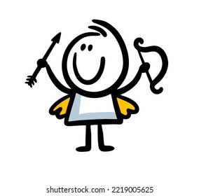 A funny little angel with wings holds a bow and arrow in his hands. Vector illustration of cute stickman from heaven.