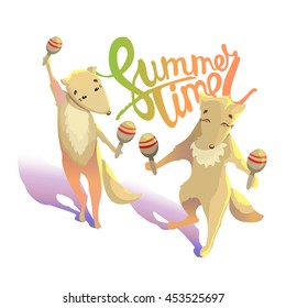 Funny little animals dancing - cartoon squirrel character with maracas - summer vacation - vector illustration