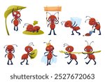 Funny little ants. Cute insects characters, different actions, postures and emotions, kids mascots, tiny creatures get food, wildlife beetle work, cartoon flat isolated illustration, vector set