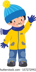 Funny little asian boy in winter clothes. Children