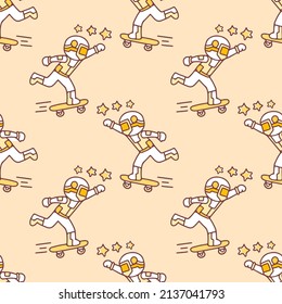 Funny little astronaut riding skateboard on soft color background seamless pattern. Modern vintage, pop art style seamless pattern concept.