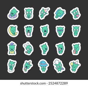 Funny little baby alien. Sticker Bookmark. Unusual cartoon character. Vector drawing. Collection of design elements.