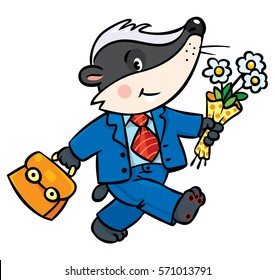 Funny little baby badger in suit, with bag and flowers goes to school. Children vector illustration