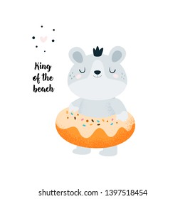 Funny little baby bear relaxing on the beach, pool. Donut, teddy bear. Enjoy summer. Flat animal Illustration for kids game, book, t-shirt, card, print, poster, decoration and textile. Isolated vector