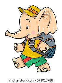 Funny little funny baby elephant with backpack goes camping. Children vector illustration