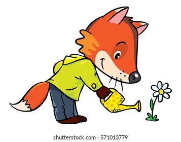 Funny little baby fox with watering can and flower. Children vector illustration