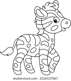 Engraçado bebê zebra com listras pretas e brancas, preto e branco delineamento vetor ilustração para um livro de colorir