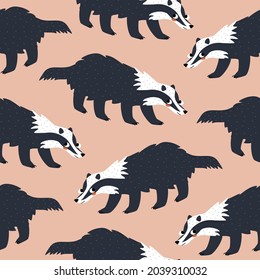 Funny little badgers with cute eyes. Adorable hand drawn brocks on a pink background. Baby character vector illustration. Forest animals seamless pattern.