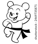 Funny Little Bear cartoon characters wearing training uniform with black belt doing kung fu movement. Best for outline, logo, and coloring book with martial arts themes for kids