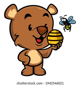 Funny Little bear cartoon characters carrying a beehive with the bee inside and start a conversation with it, best for sticker or decoration for story book of children with friendship themes
