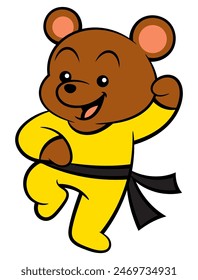 Funny Little Bear cartoon characters wearing training uniform with black belt doing kung fu movement. Best for sticker, logo, and mascot with martial arts themes for kids