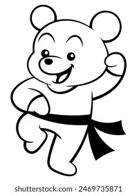 Funny Little Bear cartoon characters wearing training uniform with black belt doing kung fu movement. Best for outline, logo, and coloring book with martial arts themes for kids