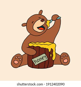 A funny little bear is eating honey from a barrel. Vector hand-drawn doodle illustration.