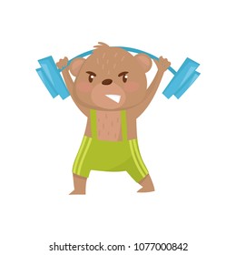 Funny little bear holding barbell over his head. Physical activity and healthy lifestyle. Wild forest animal in green lifter suit. Flat vector design