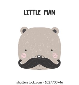 Funny little bear with mustaches. Vector hand drawn illustration.