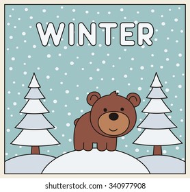 Funny little bear winter on background snowflakes