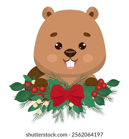 Funny little beaver with garland of fir branches, mistletoe, holly and bow. Vector illustration for poster, greeting card and design for kids.