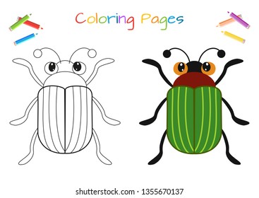 Funny little beetle. Copy the picture. Coloring book. Educational game for children. Cartoon vector illustration