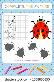 Funny little beetle ladybug. Copy the picture. Coloring book. Educational game for children. Cartoon vector illustration