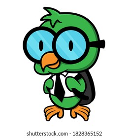 Funny Little bird cartoon characters wearing glasses and school uniform carrying a backpack and getting ready back to school illustration, sticker, decoration with children education themes