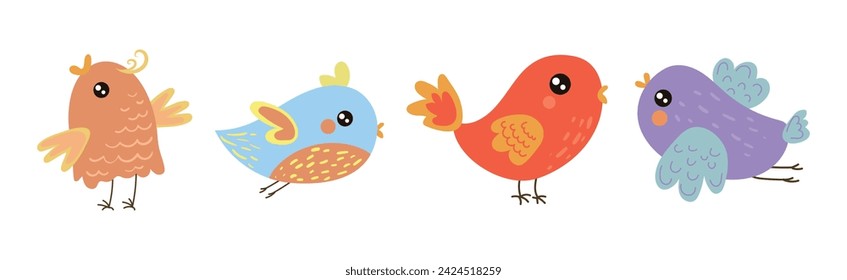 Funny Little Bird with Colorful Feather Vector Set