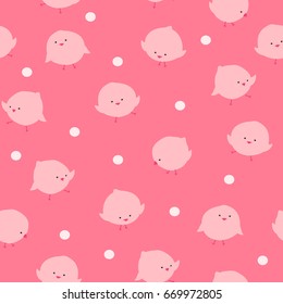 Funny little birds on gentle pink dotted background. Cute vector seamless pattern for children's textile, easter cards, wrapping, polygraph, web and fabric design.