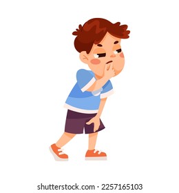 Funny Little Boy in Blue Sweatshirt Expressing Emotion of Confusion Vector Illustration