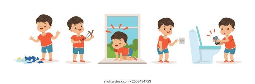 Funny Little Boy Character Playing Game and Making Mess Vector Set