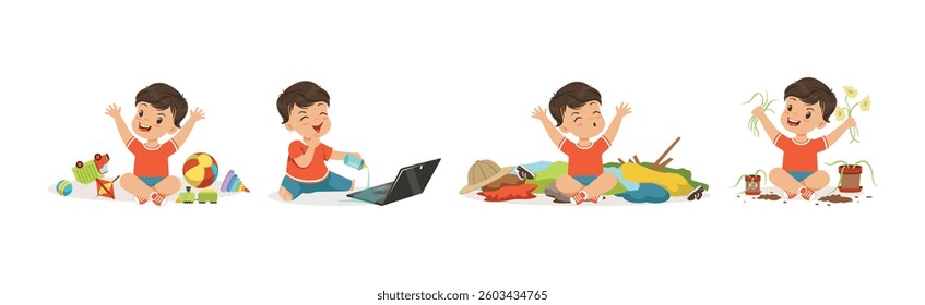 Funny Little Boy Character Playing Game and Making Mess Vector Set