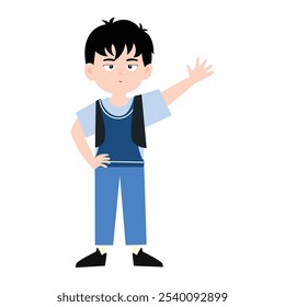funny little boy is crying, and posing with his hands folded on his waist