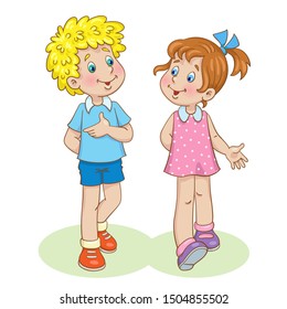 Funny little boy and cute girl go and talk. In cartoon style. Isolated on white background. Vector illustration.
