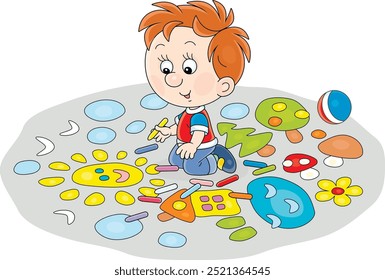 Funny little boy drawing with color crayons a funny picture on the pavement on a playground in a summer park, vector cartoon illustration on a white background