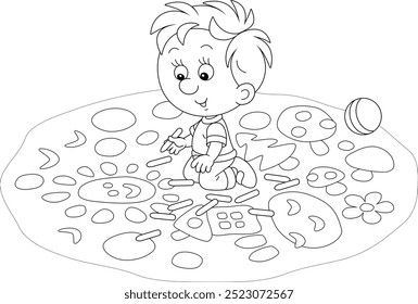 Funny little boy drawing with crayons a funny picture on the pavement on a playground in a summer park, black and white outline vector cartoon illustration for a coloring book